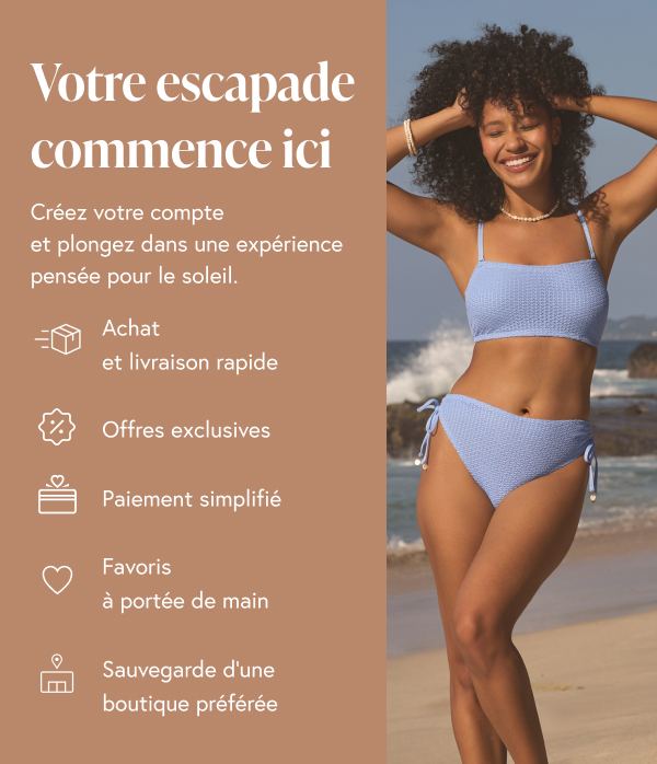 Femme portant un bikini bleu - Créez votre compte et plongez dans une expérience pensée pour le soleil.