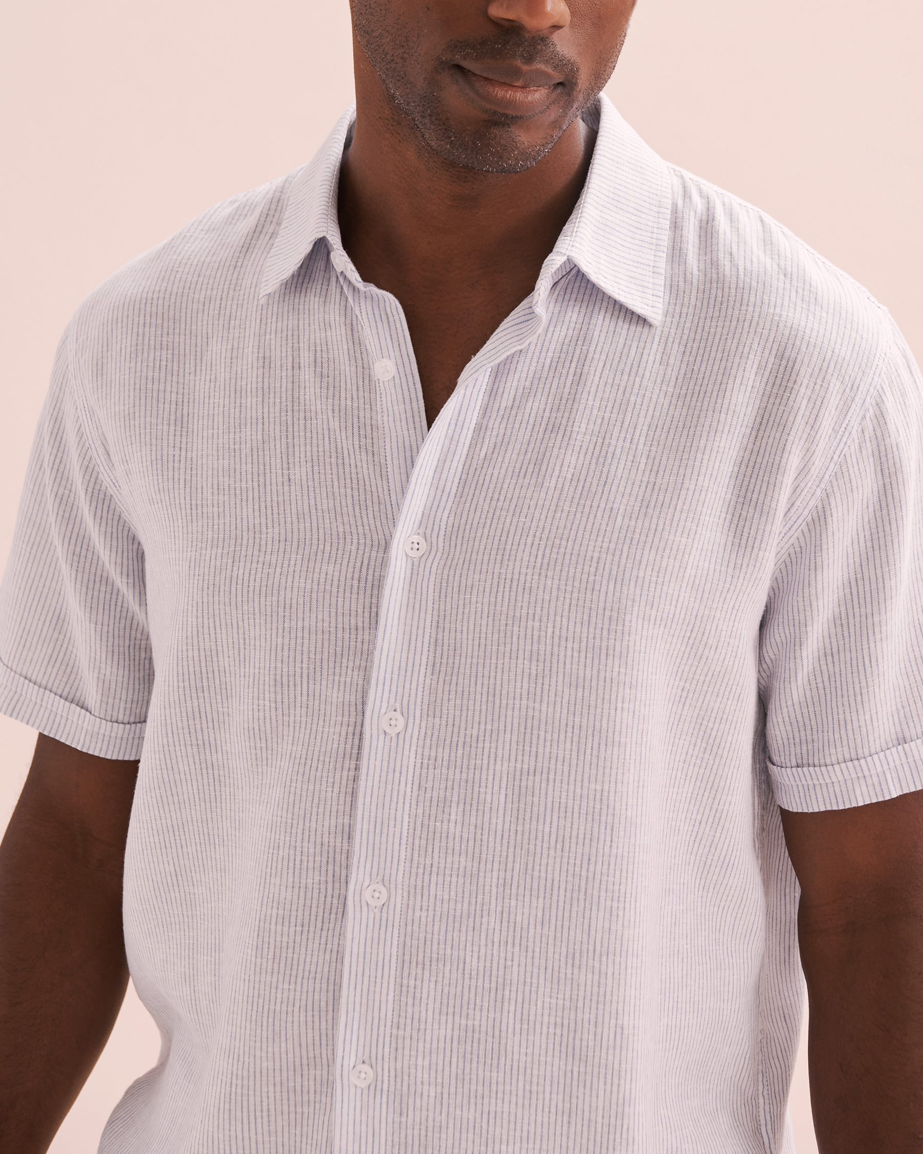 PUBLIC BEACH Linen Striped Short Sleeve Shirt Blue Striped PB7216BIK - View3