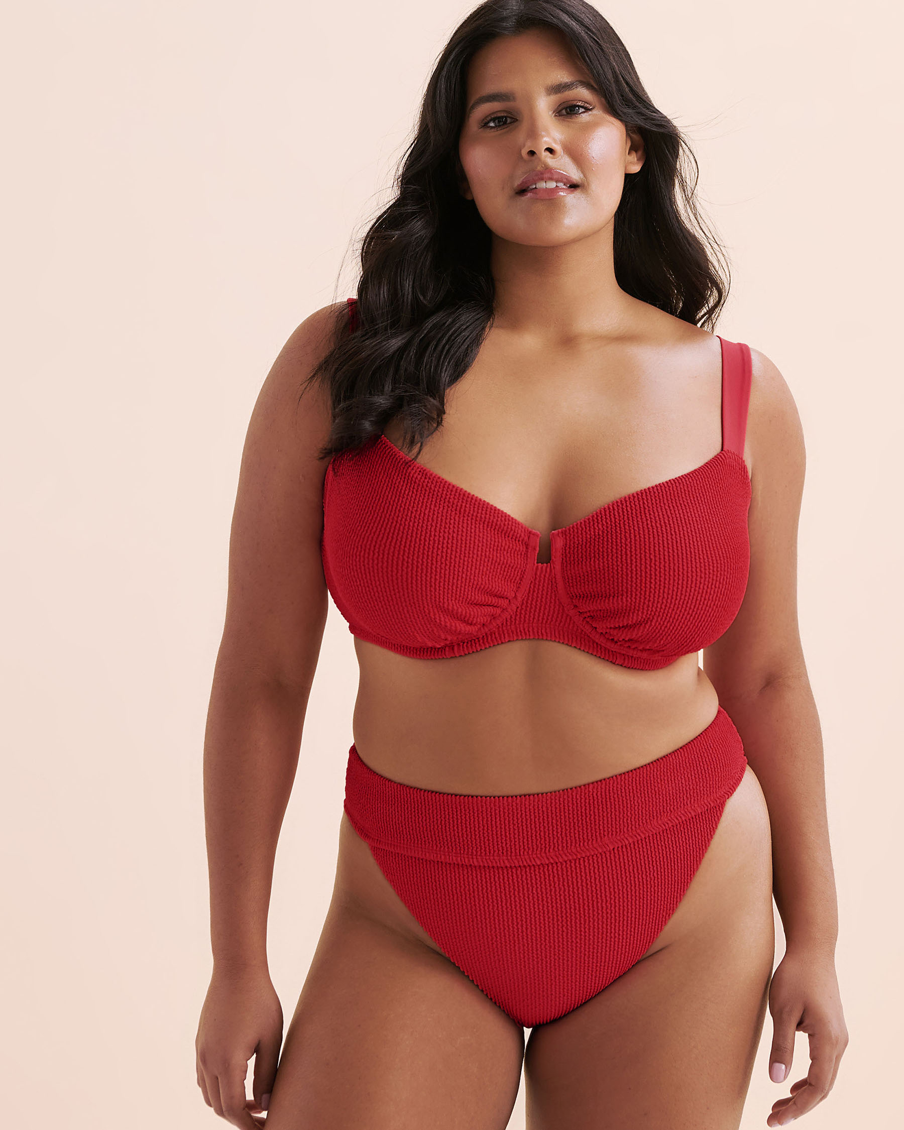 TROPIK Textured Smocked High Leg Cheeky Bikini Bottom Red 01300448 - View11