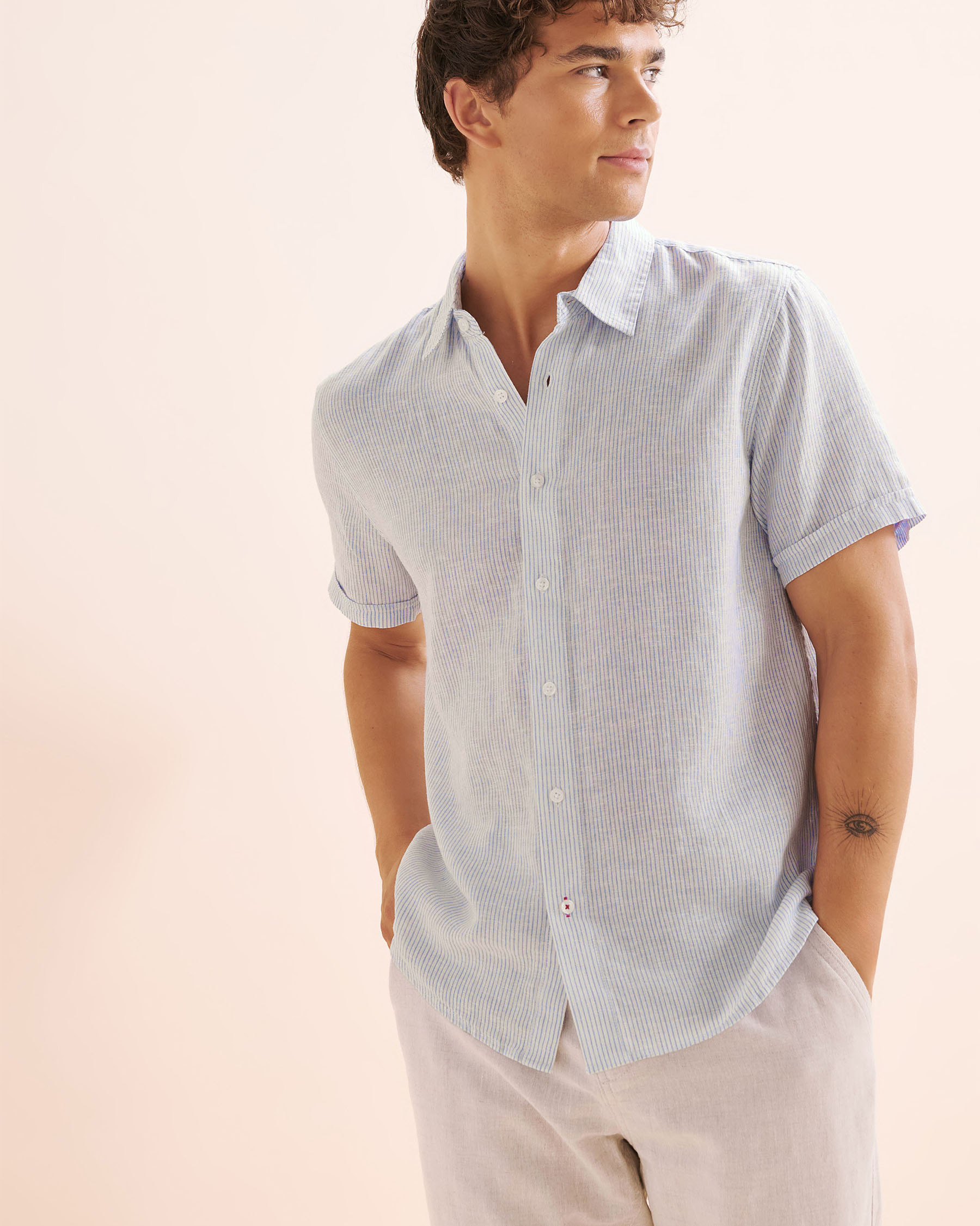 PUBLIC BEACH Stripe Linen Blend Shirt Blue PB8216BIK - View1
