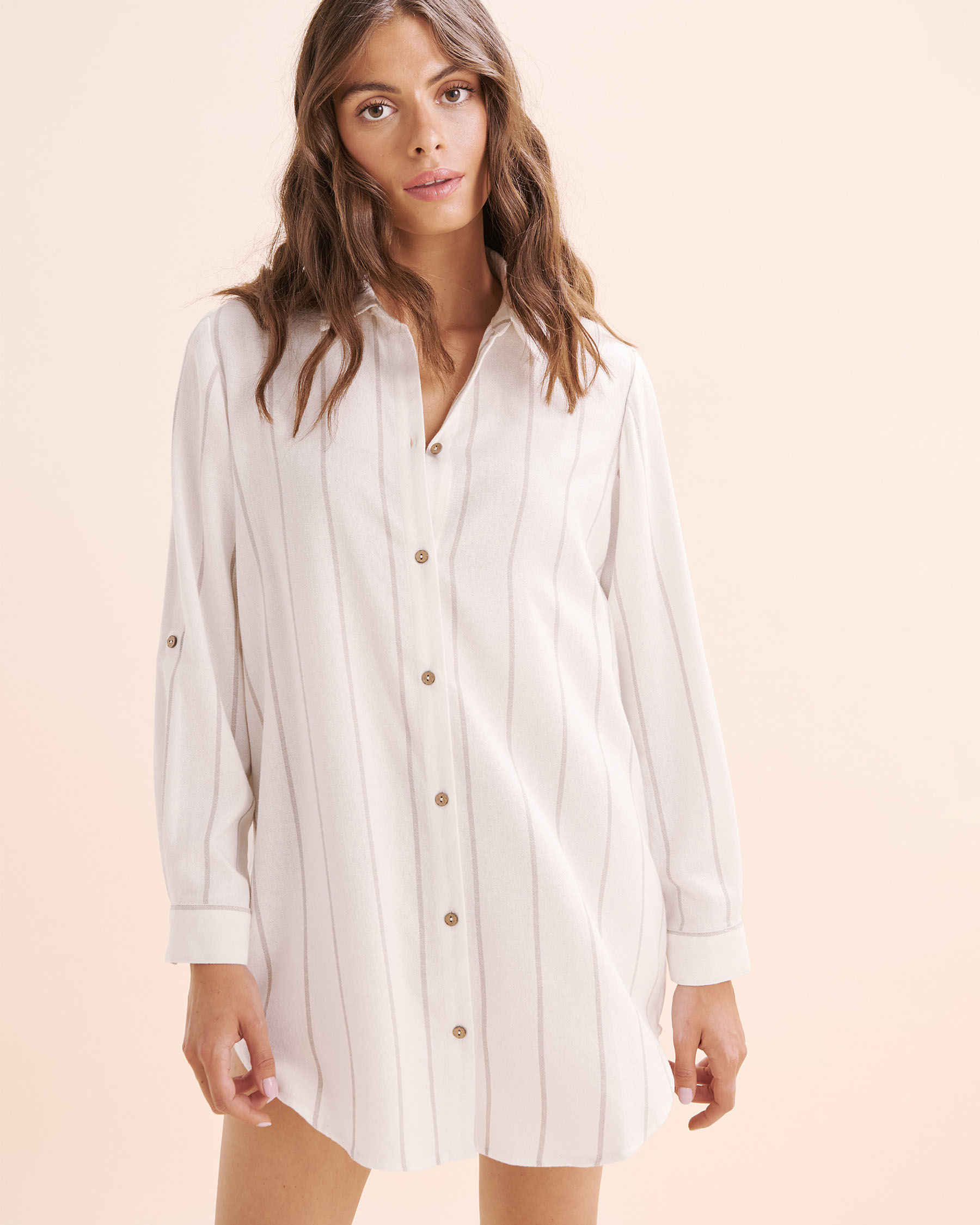 OFF THE BEACH Stripe Long Sleeves Shirt White and Beige 02100041 - View1