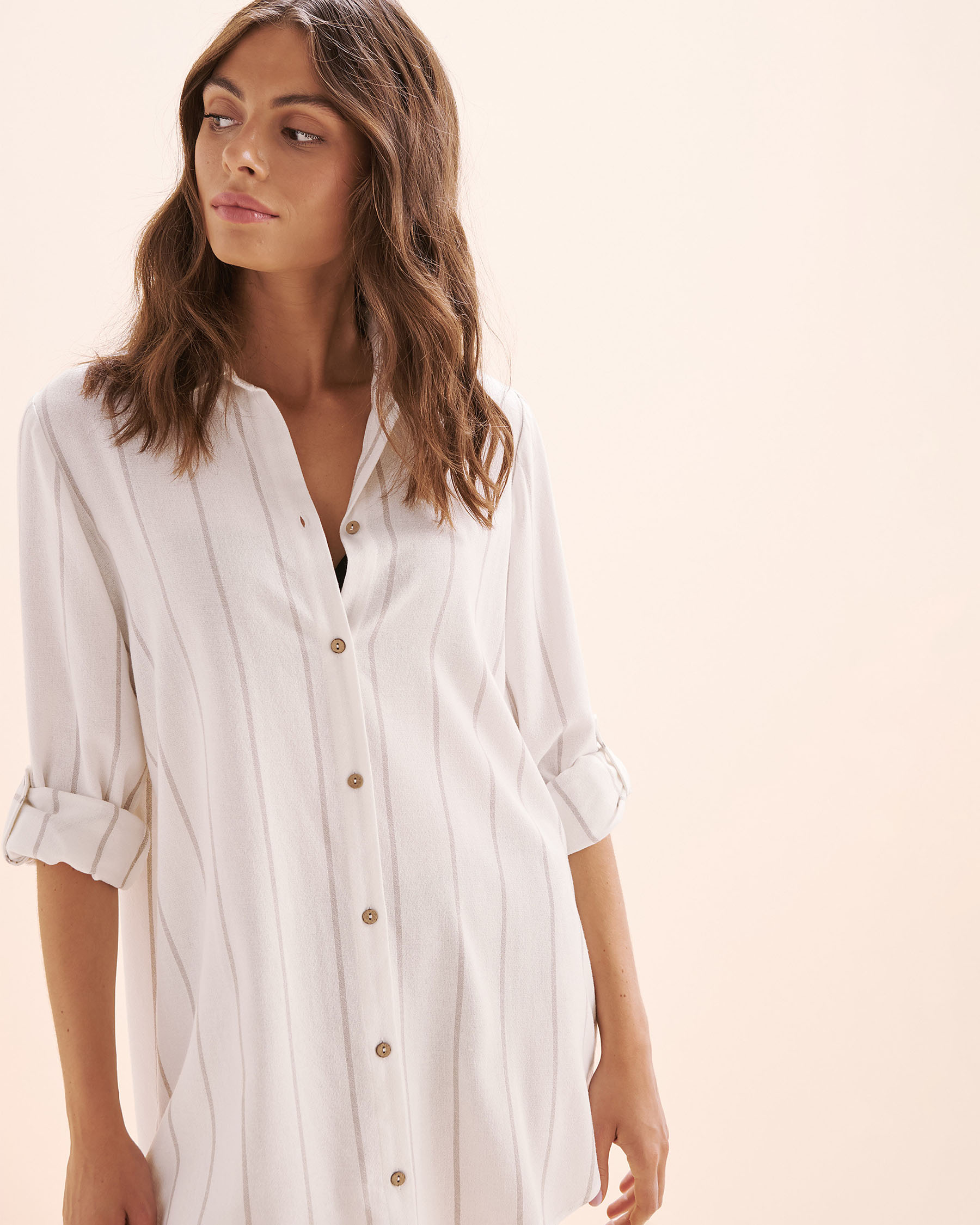 OFF THE BEACH Stripe Long Sleeves Shirt White and Beige 02100041 - View4
