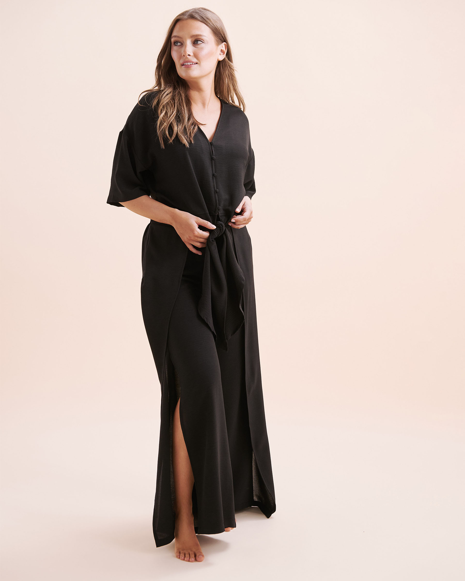 EVERYDAY SUNDAY Short Sleeves Front Tie Cover Up Shirt Black ESBEAW05868A - View3