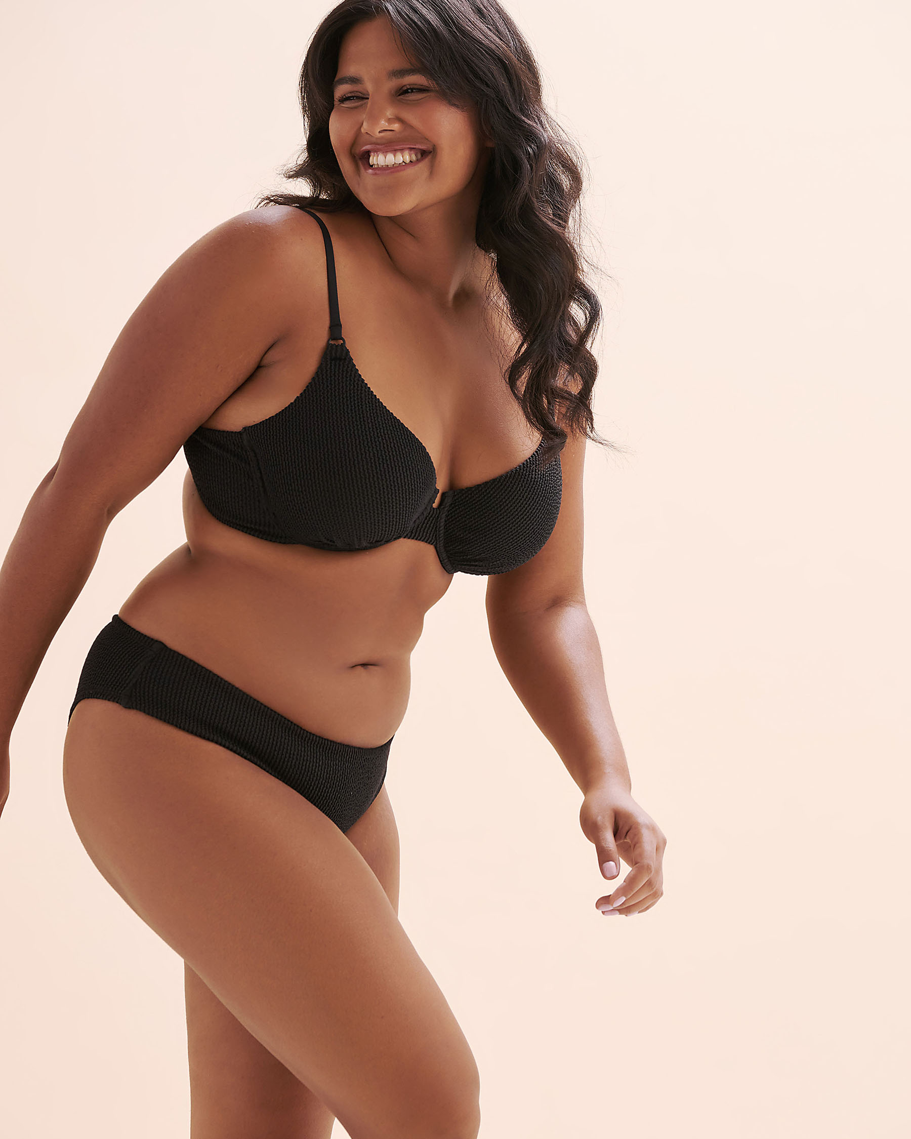 TROPIK Textured Smocked Plunge Bikini Top Black 01100482 - View11