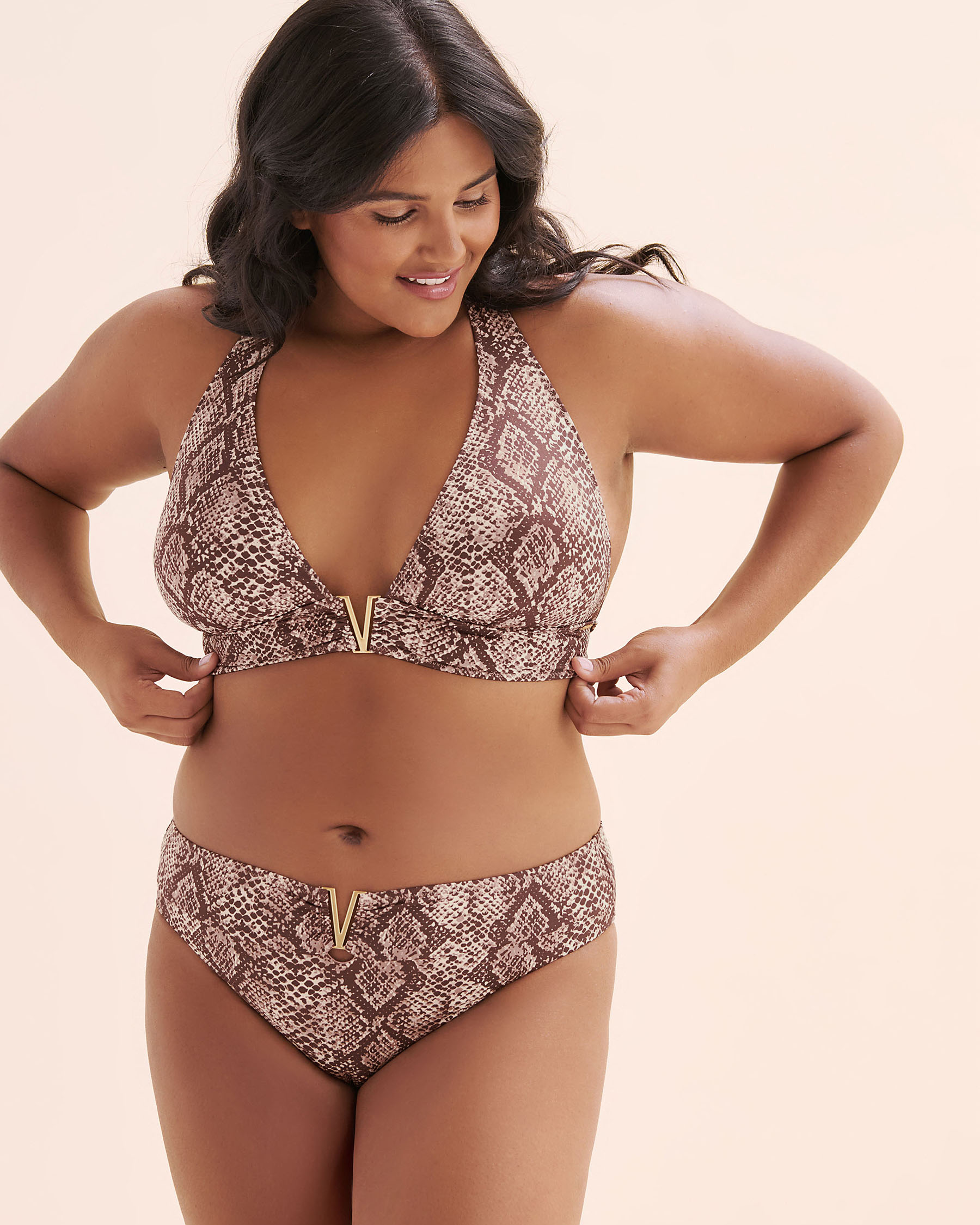 SANTEMARE V-Shaped Jewel Triangle Bikini Top Brown 01100490 - View4