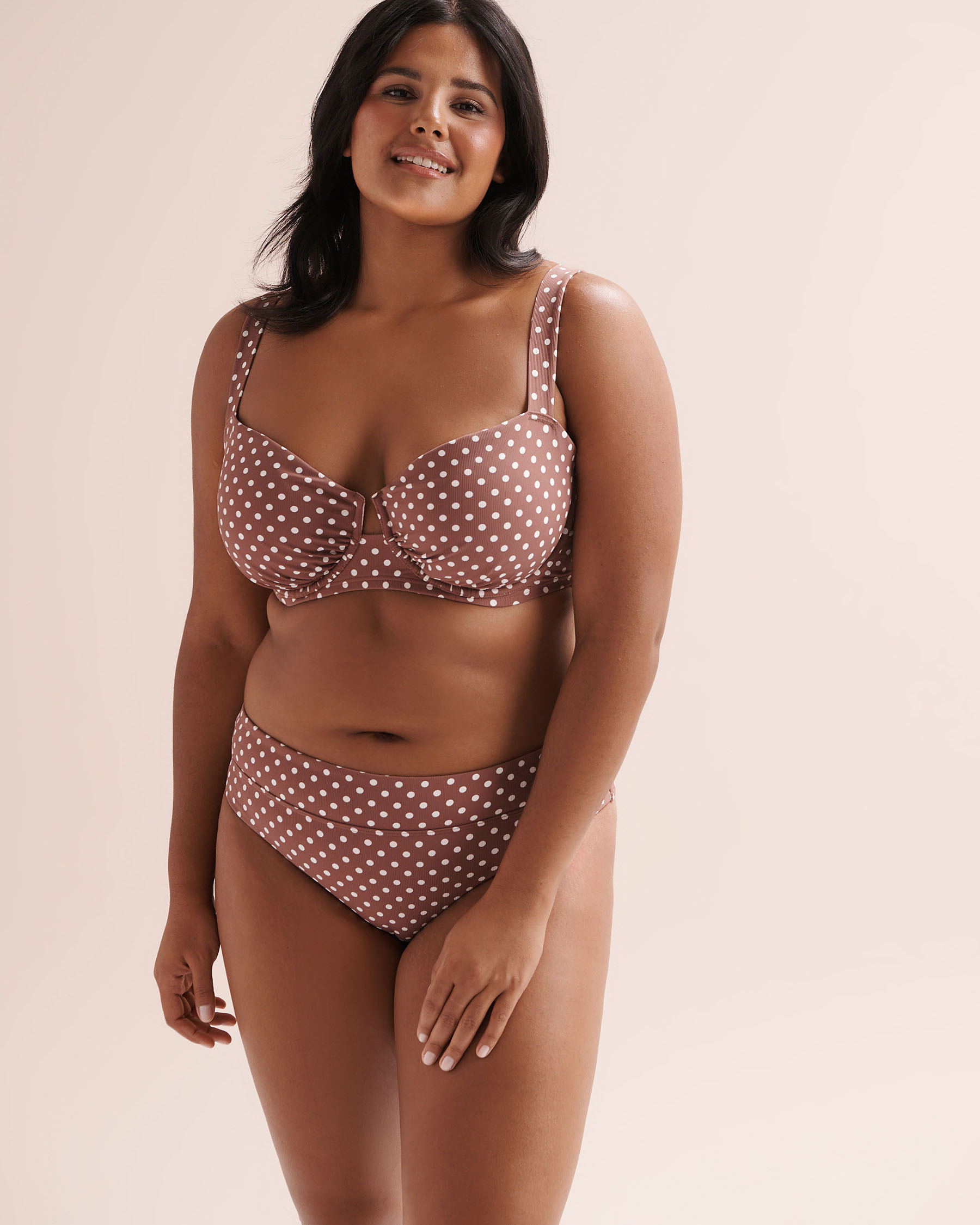 TROPIK Ribbed Polka-Dot D Cup Plunge Bikini Top Nutmeg Brown 01200139 - View1